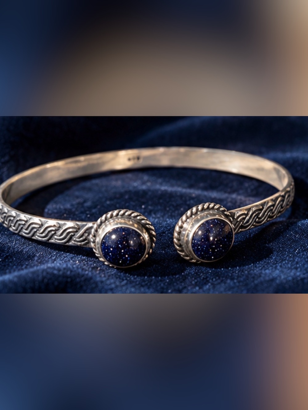 925 Sterling Silver plated Blue goldStone Cuff Bracelet - Elegant Women's Jewelr